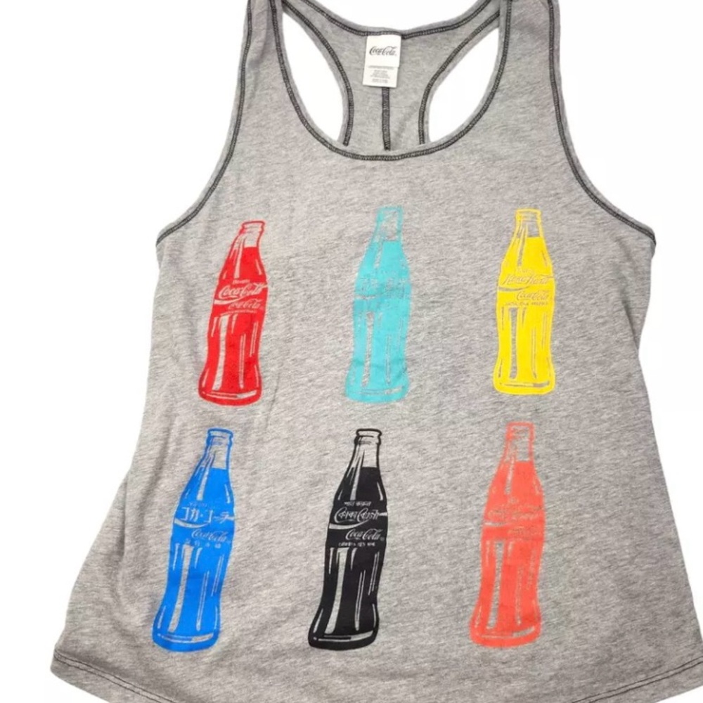 Coca Cola Women's Gray Tank Top with Colorful Bottle Print